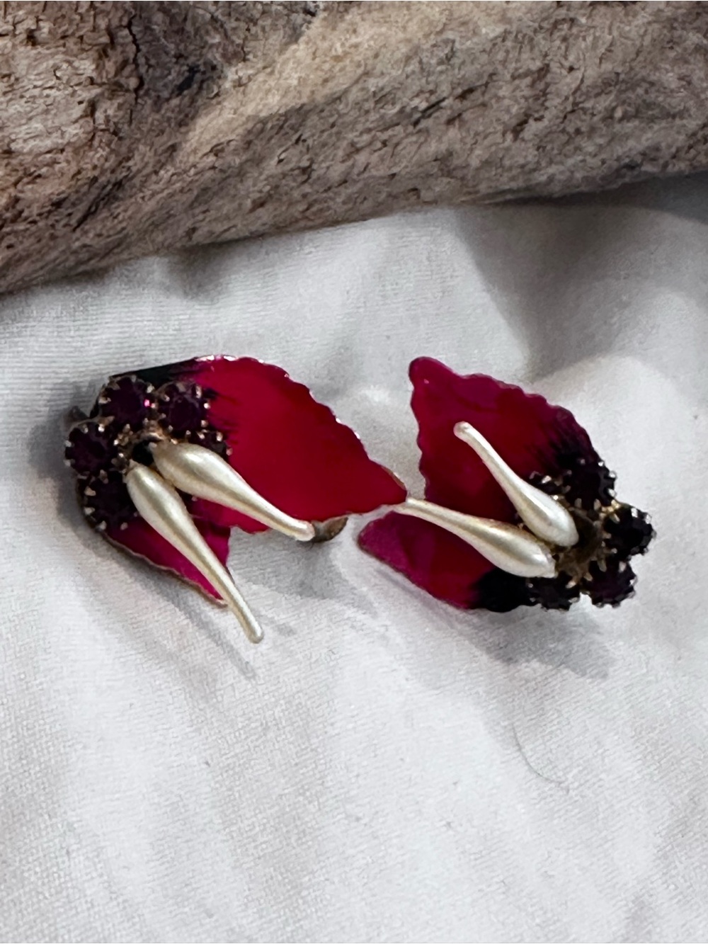 Vintage Vendome enamel flower earrings, which showcase the mid-century artistry